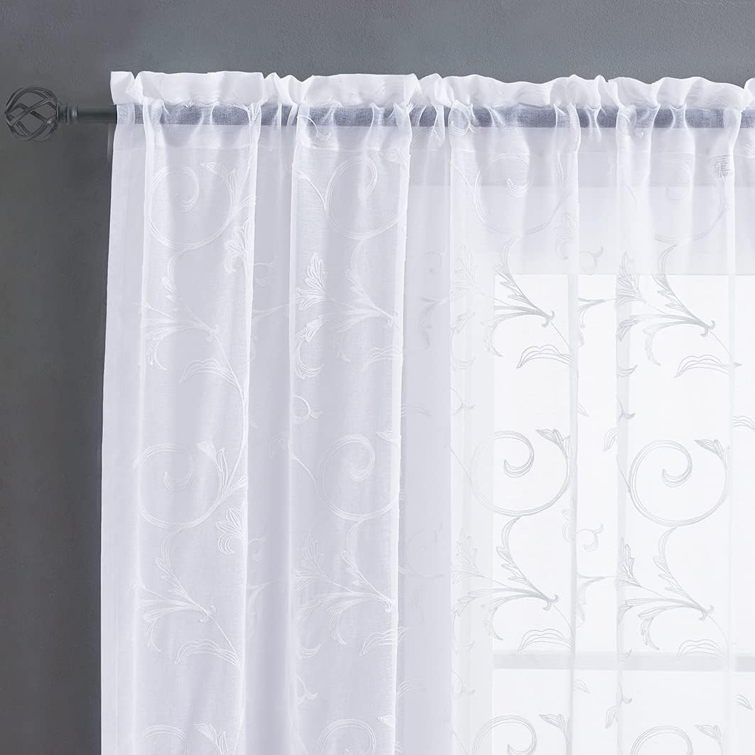 Floral Embroidery Sheer Curtains White 45 Inch Length, Vintage Rod Pocket Voile Drapes for Living room, Bedroom, Window Treatments Semi Crinkle Curtain Panels for Villa, Parlor, Set of 2, 52"x 45".