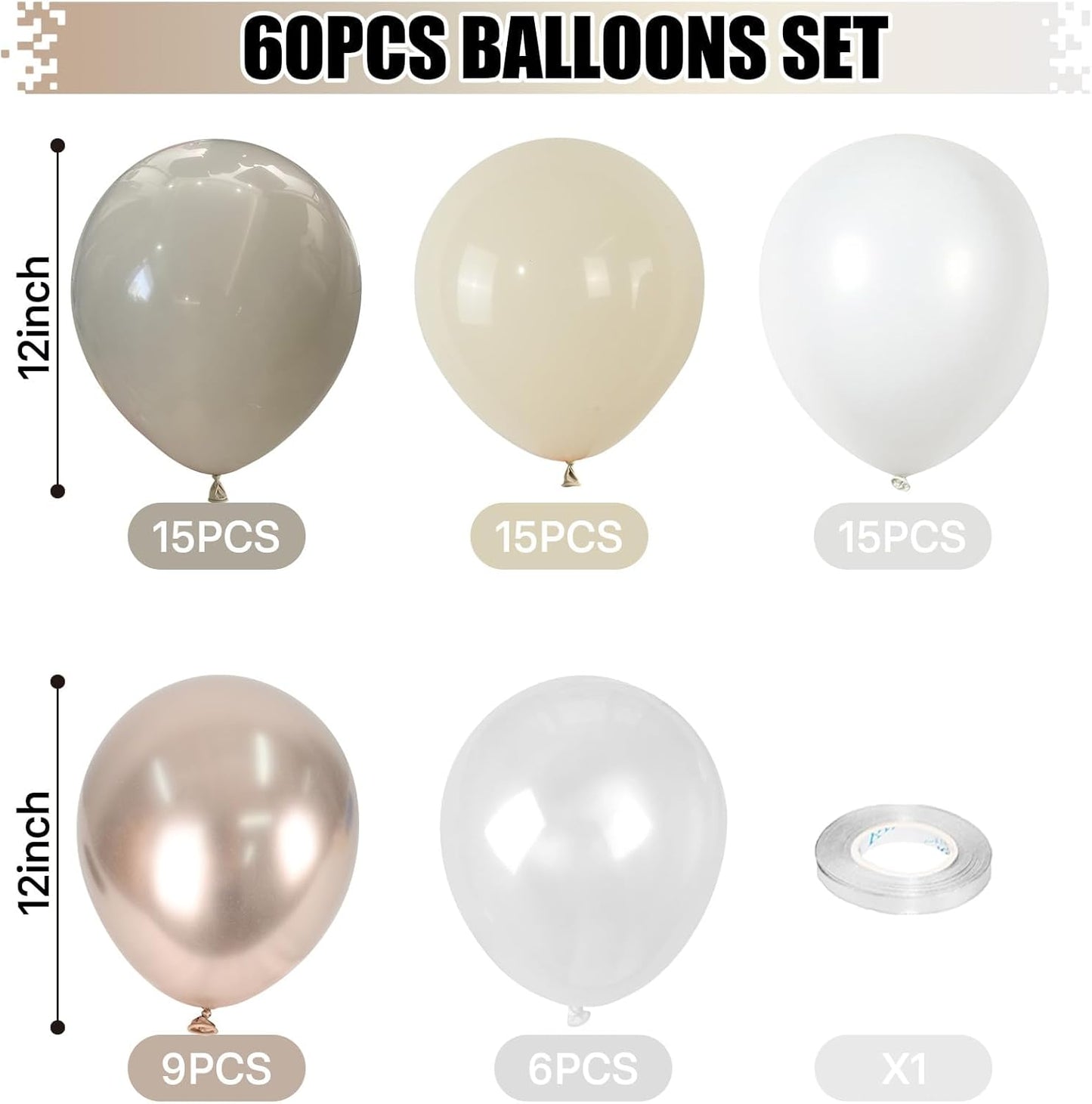 Beige White Gold Balloons, 60PCS Nude Metallic Champagne Gold Cream White Clear Balloon Ivory White Sand Transparent Neutral Balloons for Birthday Boho Wedding Anniversary Engagement Party Decoration