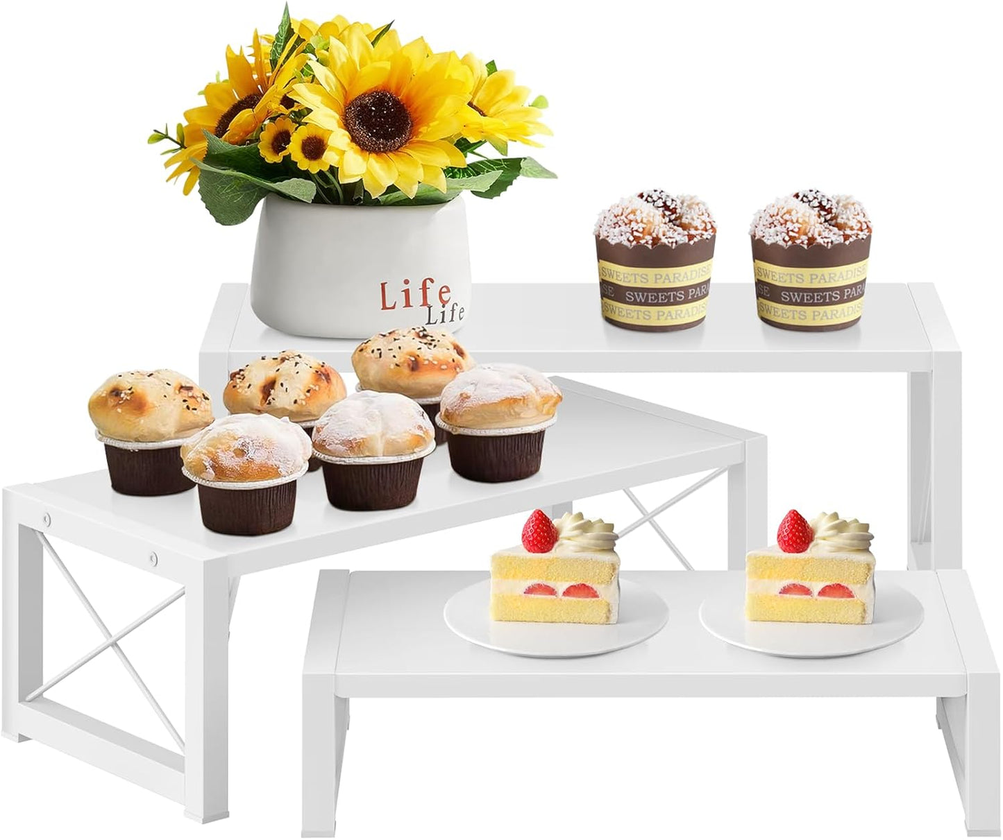 ELITEROO White 3-Tier Cupcake Stand & Wooden Display Riser, Dessert Stand for Cupcakes, Food, Perfume, Makeup, Dolls, Collectibles, Multi-Tiered Shelf Organizer for Market Vendors & Retail Display