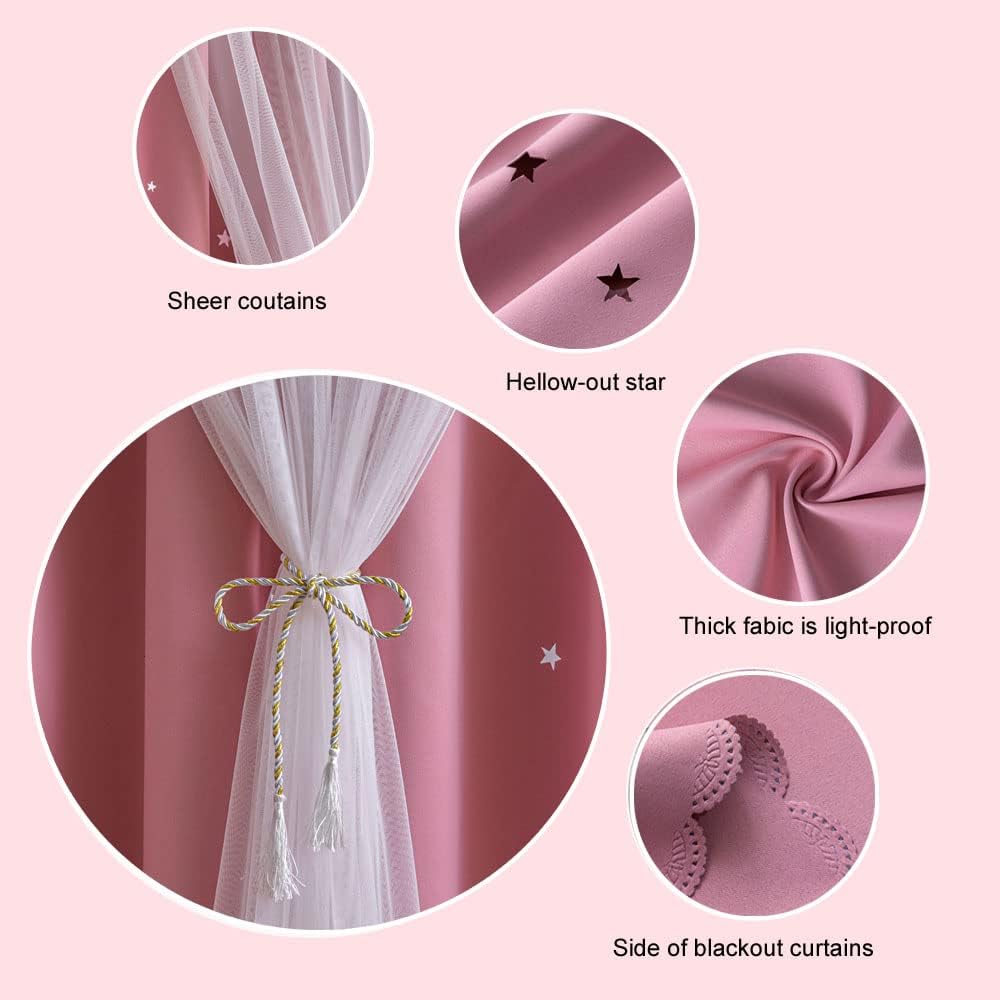 FANLI 2 Panels Star Blackout Curtains for Kid Girls Bedroom Living Room Darking Stripe Double Layer Star Cut Out Wall Home Decor Gradient Grommet Window Curtains (Pink 63L)