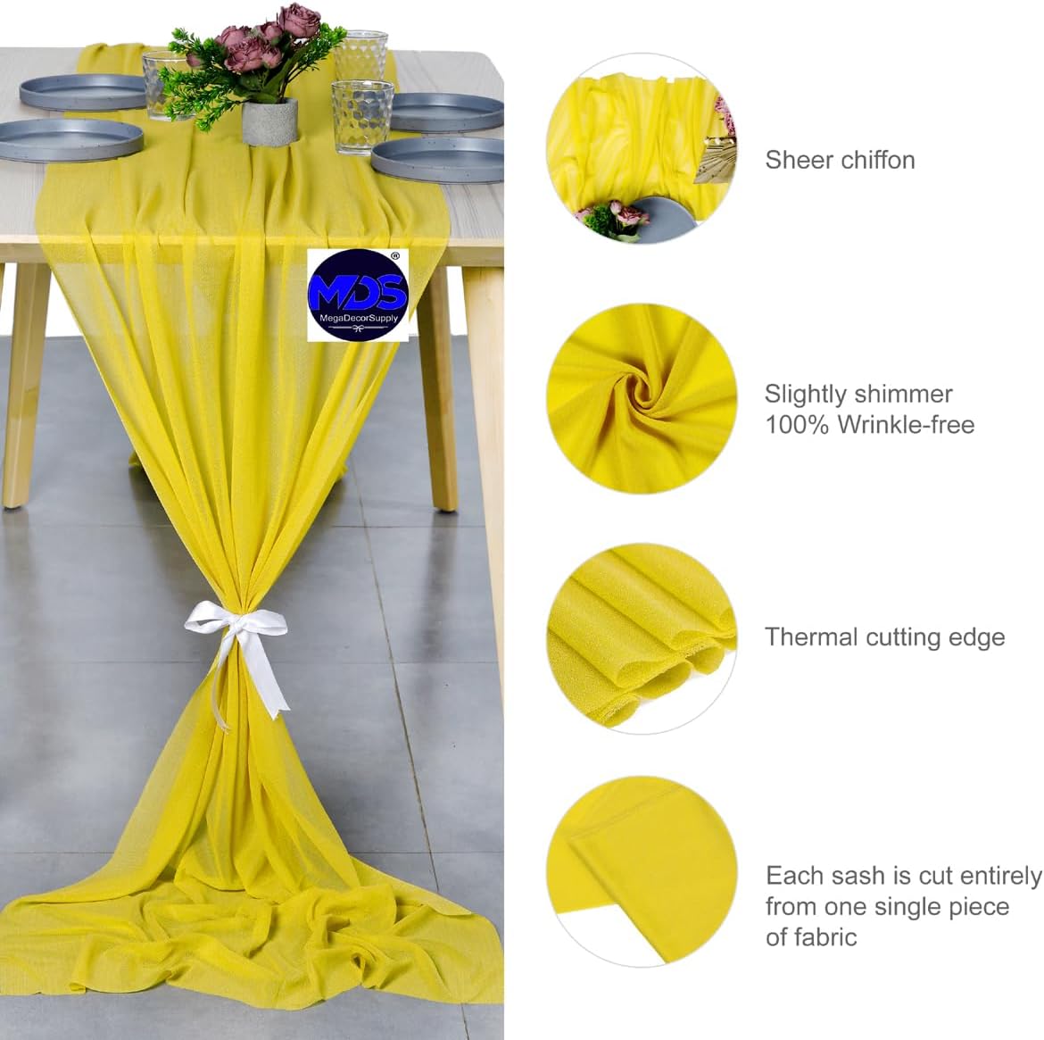 MDS 20 Pack 10ft Chiffon Table Runner 29 x 120 Inches Sheer Wedding Runner Romantic Rustic Table Runner for Wedding Decorations, Birthday Parties, Bridal Shower Party Arch Decor - Yellow