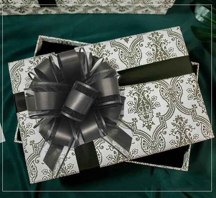 6 Pieces Large Pull Bows, 6 inches, Organza Fabric, Black, Wedding, Christmas, Birthday, Valentine's Day, Gift Wrapping, Party Decoration, Easy to Use