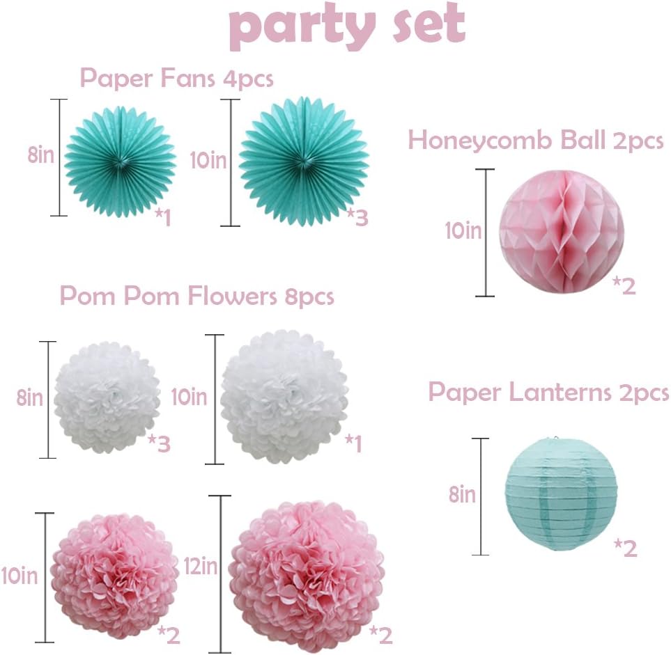 Teal Party Supplies for Bridal Baby Shower First Birthday Party Wedding Decorations (16pcs) Paper Honeycomb Ball Pom Poms Flowers Paper Lanterns Hanging Tissue Fan