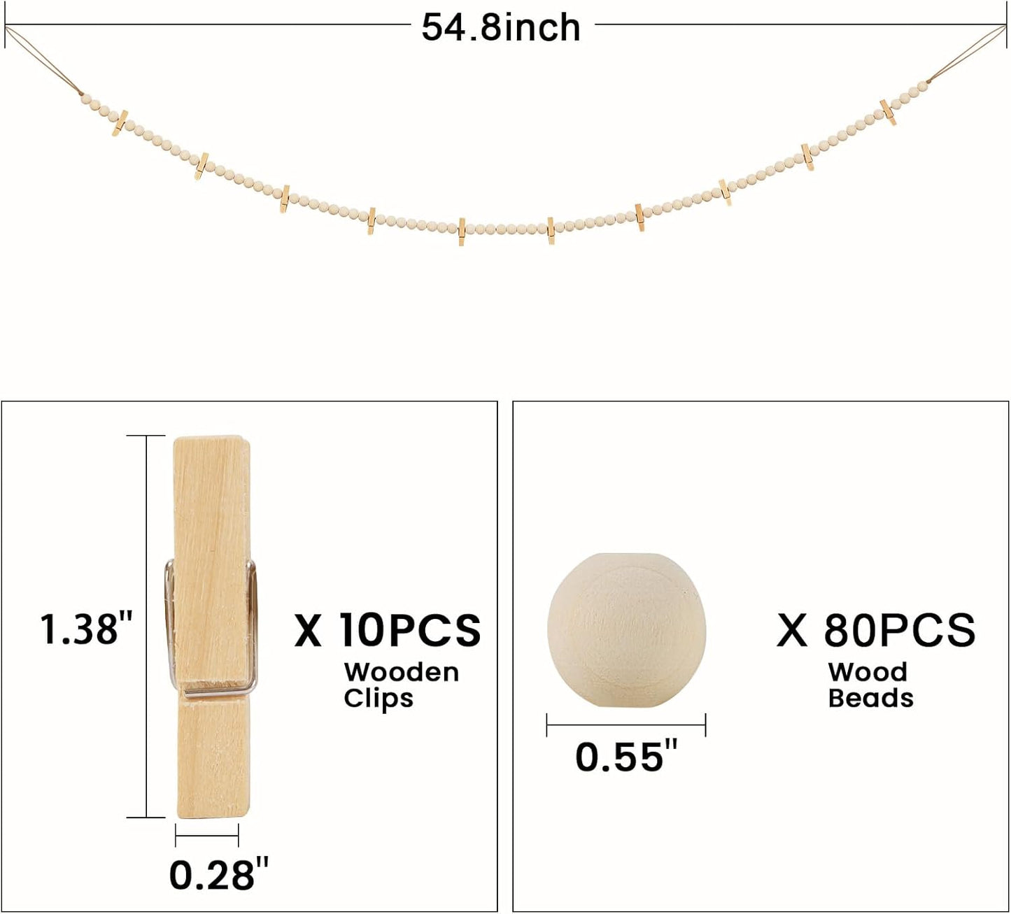 2Pcs Hanging Photo Display with Clips, Boho Wooden Bead Garland Collage Picture Frame Wall Decor, Photo String with 10 Clips for Bedroom Room Dorm Cubicle Decor, Christmas Teen Girls Gifts