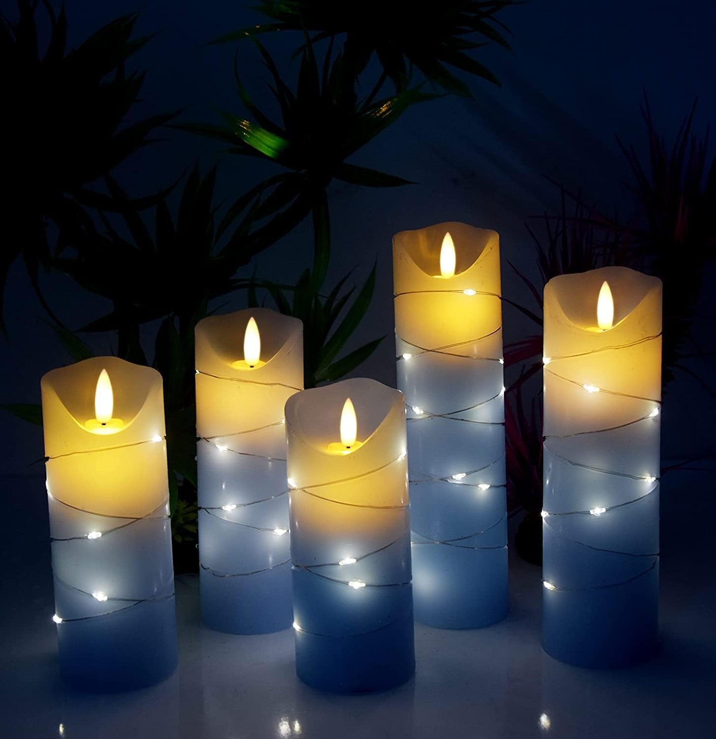 danip LED Flameless Candle with Embedded Star String, 5 Piece LED Candle with 10 Button Remote Control, 24 Hours Timer Function, Dancing Flame, Real Wax, Battery Powered. (Sky Blue)