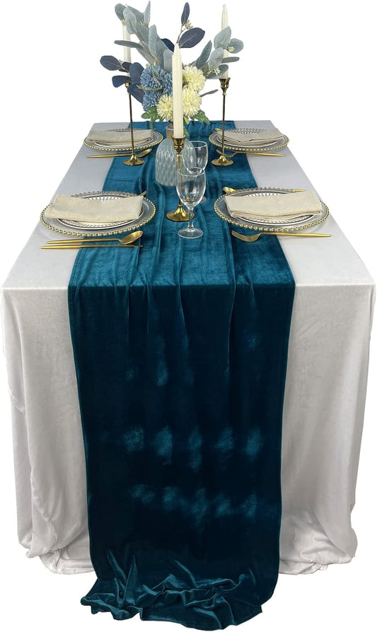 Velvet Table Runner, 10ft Luxurious Wedding Reception Decorations Soft Velvet Fabric Table Linen Overlay for Party (20 x 120 inch, Teal Blue)
