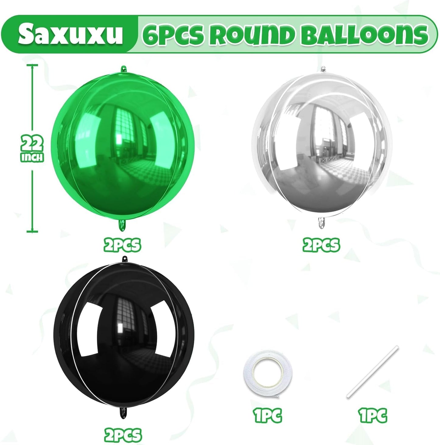 Green Silver Black Giant Foil Balloons, 6 Pcs Large Metallic Green and Black Round Balloons, 22 Inch Big Round Foil Balloon for Birthday Party Baby Shower Graduation Prom Wedding Decorations