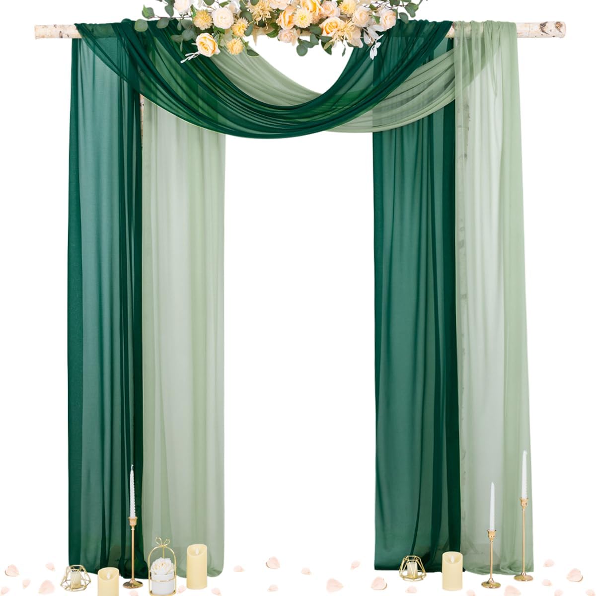 Socomi Wedding Arch Draping Fabric 29" x 20Ft 2 Panels Emerald Green and Sage Sheer Outdoor Curtain Drapes Extra Long for Bridal Baby Shower Birthday Party Decor