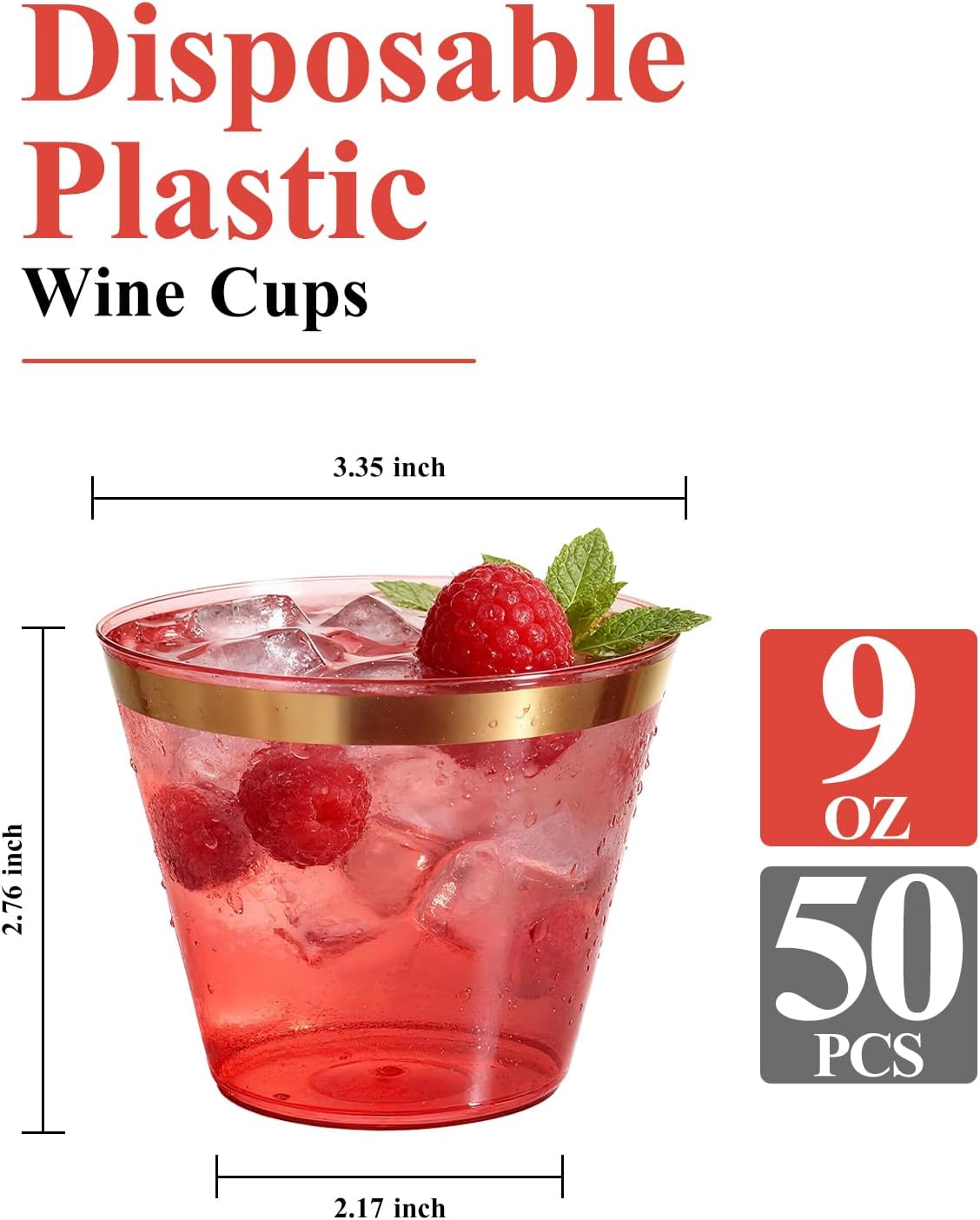 Goodluck 50PCS 9oz Red and Gold Plastic Cups for Party, Disposable Gold Rim Cups, Plastic Cocktail Glasses for Wedding Thanksgiving, Christmas, and Parties