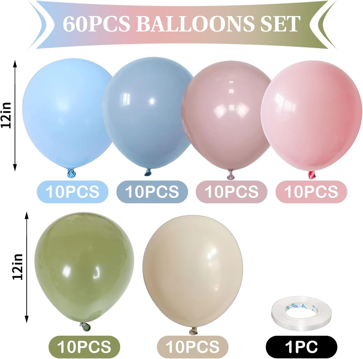 Pink Blue Green Balloons 12inch 60pcs Pale Pink Beige Light Pastel Blue White Sand Dusty Green Helium Latex Balloon for Arch Boho Birthday Garden Tea Party Decorations Bridal Baby Shower Wildflower