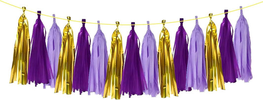 ZOOYOO Shiny Tassel Garland Tissue Paper Tassel Banner Table Decor,DIY Kits for Birthday,Wedding,Bridal Shower,Bachelorette,Graduation,Anniversary,Party Decorations,Pack of 15(Purple Gold)
