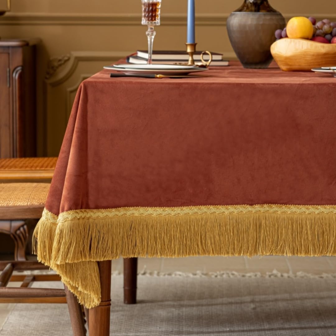 F-CHU Luxury Burnt Orange Tablecloth Thickset Velvet Tablecloth with Beautiful Gold Tassels Table Cloth for Home Decor Wedding, Party, Banquet and Events 60x70-Inch