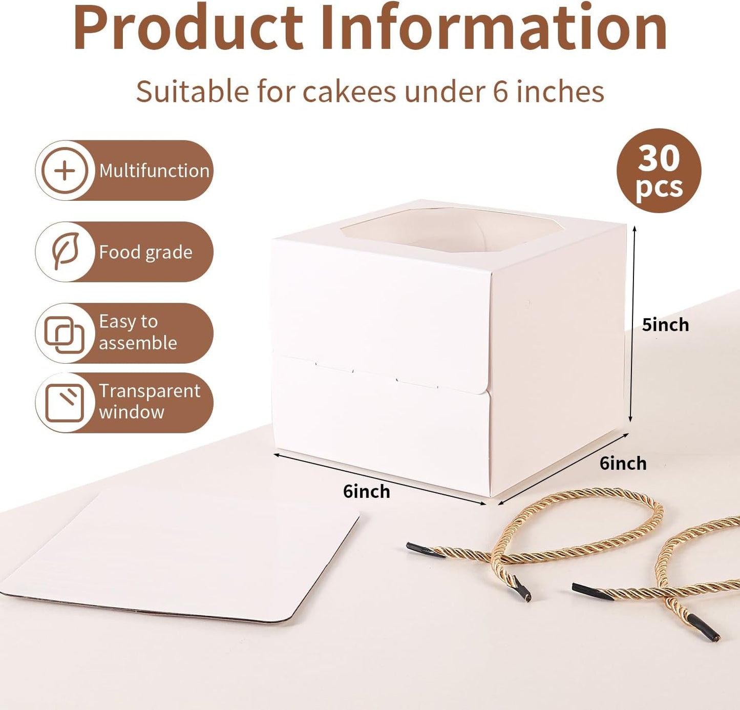 30 pcs 6x6x5 Inch Small Cake Box with Window, 6 inch cake box,Bakery Pastry Cookie Boxes,disposable cake containers, Mini Pie for Pastry,Dessert,Strawberries,Chocolates, Cupcakes