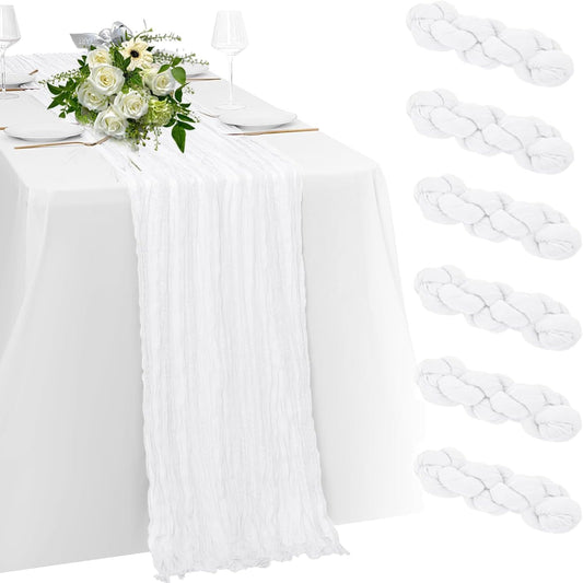 6 Pack White Cheesecloth Table Runner 23x120 inch Rustic Boho Gauze Table Runner 10 FT Long Sheer Cheese Cloth Fabric Table Runners for Romantic Wedding Bridal Shower Birthday Party Decor