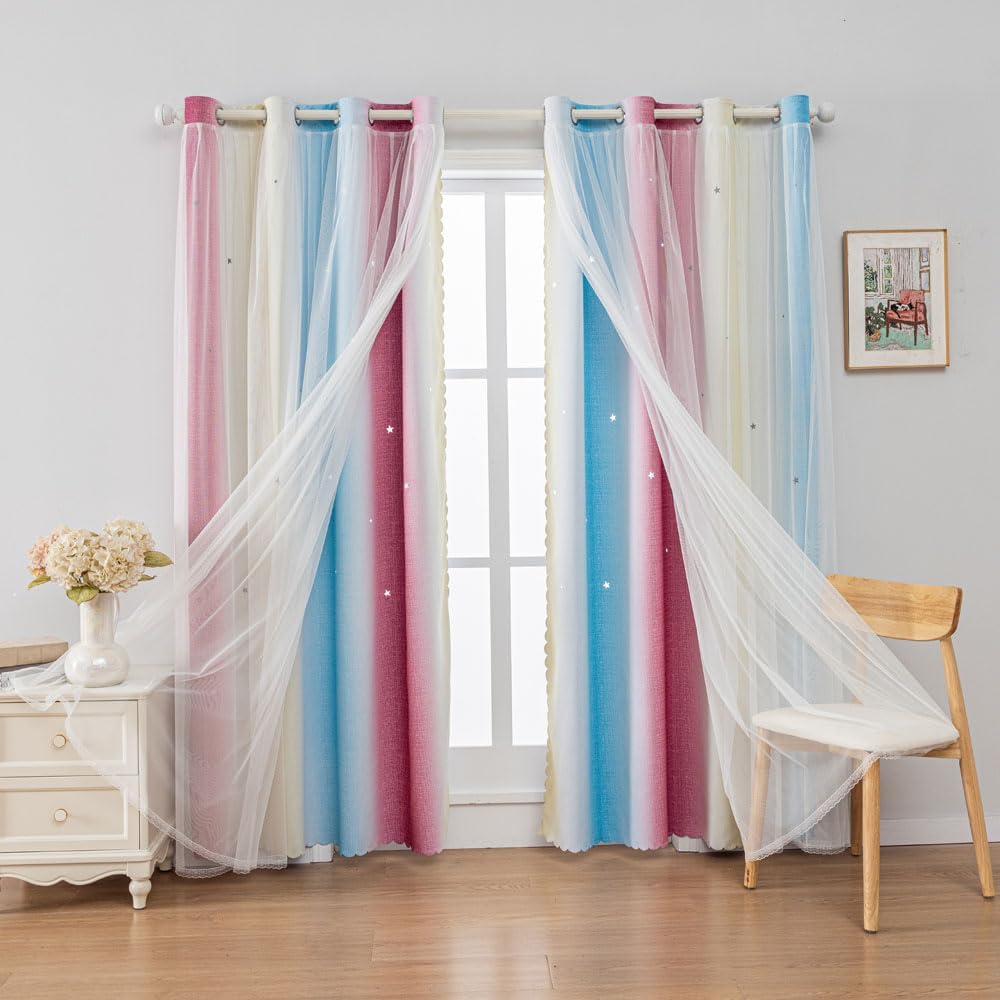 FANLI Ombre Rainbow Blackout Curtains for Kid Girls Bedroom Living Room Darking Stripe Double Layer Star Cut Out Wall Home Decor Gradient Grommet Window Curtains （Blue Purple 52Wx63L）