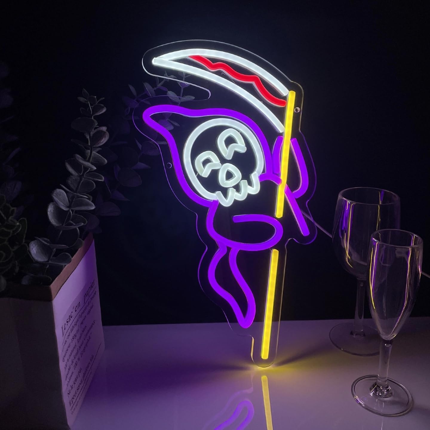 Grim Reaper Neon Sign Halloween, USB Halloween Neon LED Light for Wall Decor, Grim Reaper Ghost Halloween Sign Decorations for Home Bar Salon Coffee Stores Porch Front Door