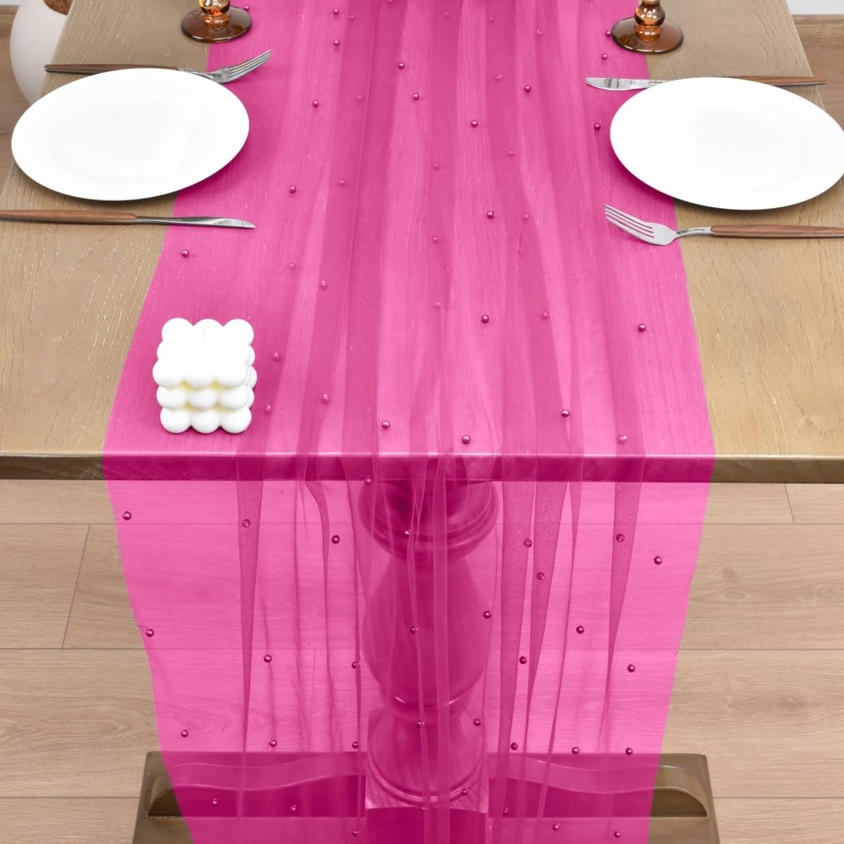 Joanlody Fall Fuschia Pearl Table Runner 10ft Rustic Boho Tulle Table Runner with Pearls for Baby Shower Wedding Party Veil Dessert Thanksgiving Table Decor Hot Pink