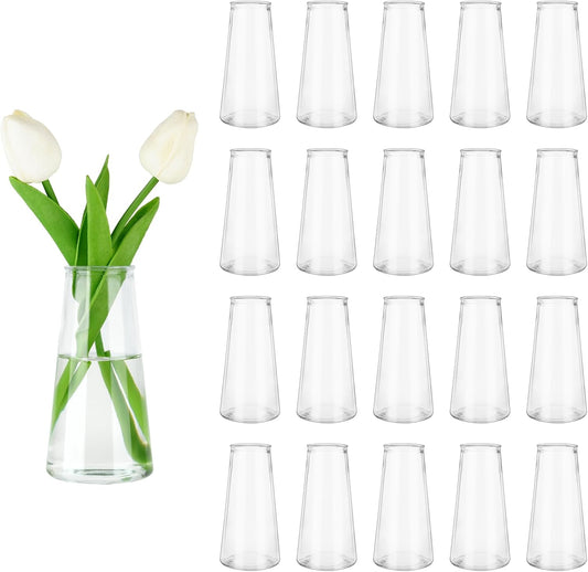 Glass Bud Vases for Centerpieces, Small Flower Vase in Bulk Set of 20, Modern Clear Mini VaseS for Rose Tulip, Wedding Party Dining Table Decor