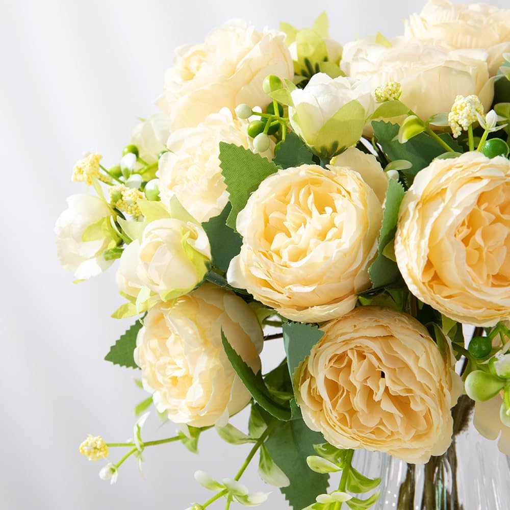 Artificial Peonies Silk Flowers in Glass Vase Faux Flowers Bouquets Modern Penoy Arrangement 4 Pack for Home Decoration Table Centerpiece (Champagne)