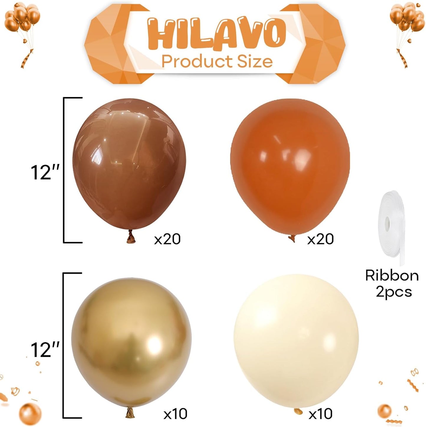 Orange Brown Balloons Set, 60Pcs 12 Inch Burnt Orange Tan Pastel Coffee Metallic Gold Retro Ivory White Cream Latex Balloons for Birthday Thanksgiving Fall Wedding Boho Bridal Shower Party Decorations