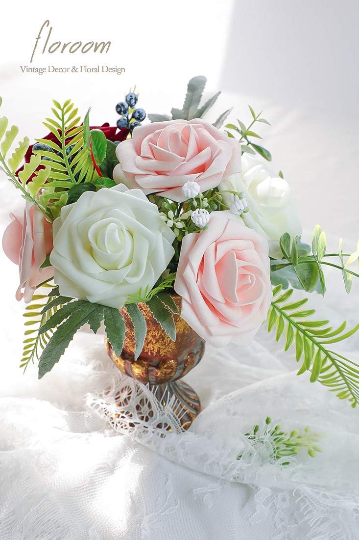 Floroom Artificial Flowers 50pcs Real Looking Blush Foam Fake Roses with Stems for DIY Wedding Bouquets Pink Bridal Shower Centerpieces Floral Arrangements Party Tables Home Decorations