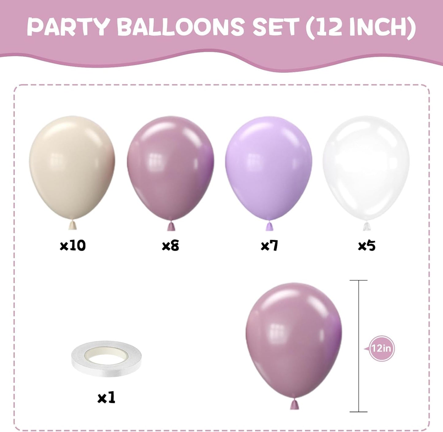 Purple and White Balloons, 12 Inch Pastel Purple Beige Cream White Clear Latex Balloon for Girls Birthday Bachelorette Party Bridal Baby Shower Party Decorations Supplies