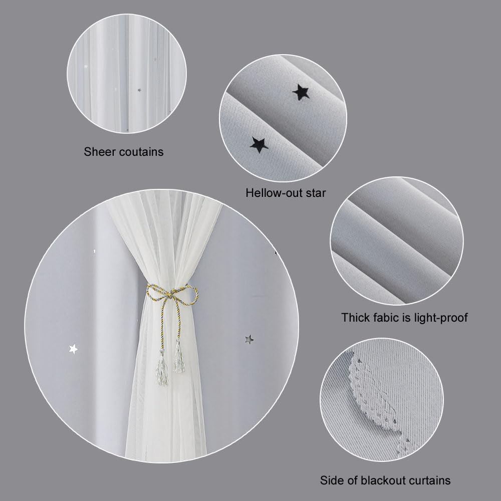 Ombre Rainbow Blackout Curtains for Kid Girls Bedroom Living Room Darking Stripe Double Layer Star Cut Out Wall Home Decor Gradient Grommet Window Curtains (Greywish White 63)