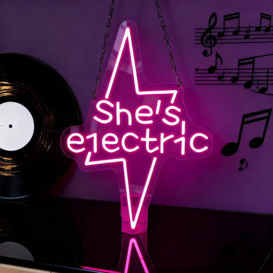 Lightning Bolt Light Up Signs for Wall Decor,Pink She's Electric Neon Sign for Birthday Live Music Concert Bedroom Club Party,Music LED Gift for Girls Teens Men Women USB Powered（15"*10.8"）