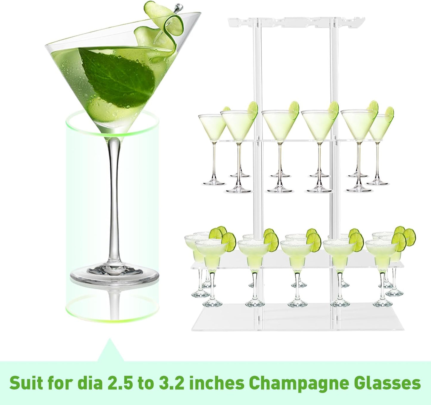 Champagne Tower, Rectangle Acrylic Champagne Display Rack Stand with 32 Slots, 3 Tier Floating Sight Champagne Flute Holder for Party, Wedding, School, Celebration, 17.3x11.8x25.5inch, 2 Pcs