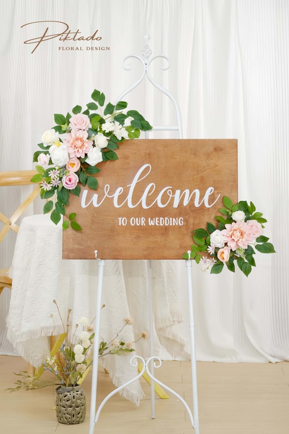 Wedding Decor (Pack of 2) Welcome Sign Flower Backdrop Garland for Ceremony Reception Wall Easel Home Decoration Entryway Faux Outdoor Board Head Table Decor (Blush)
