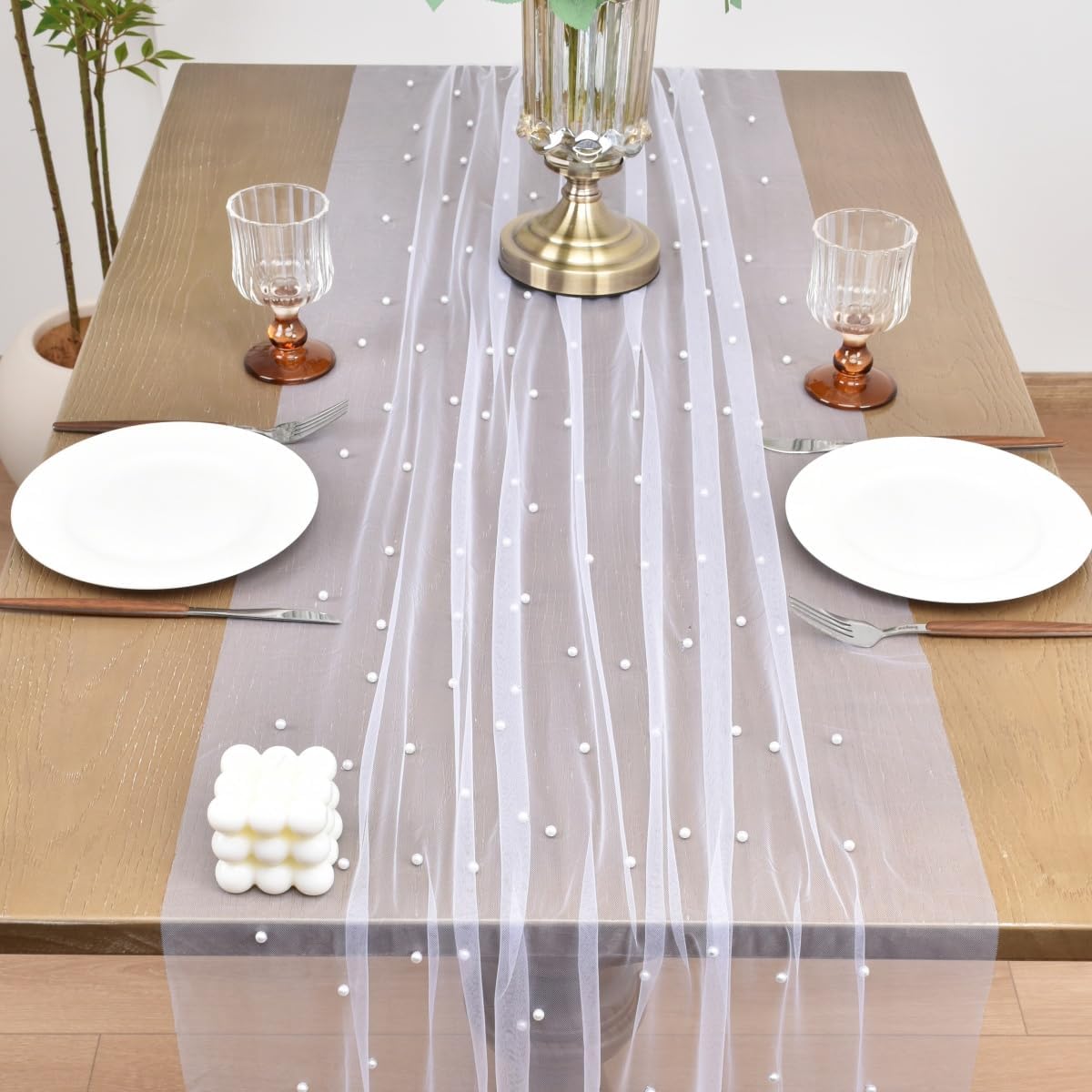 Joanlody Fall Pearl Table Runner 10ft Rustic Boho Tulle Table Runner with Pearls for Baby Shower Wedding Party Veil Dessert Thanksgiving Table Decor White