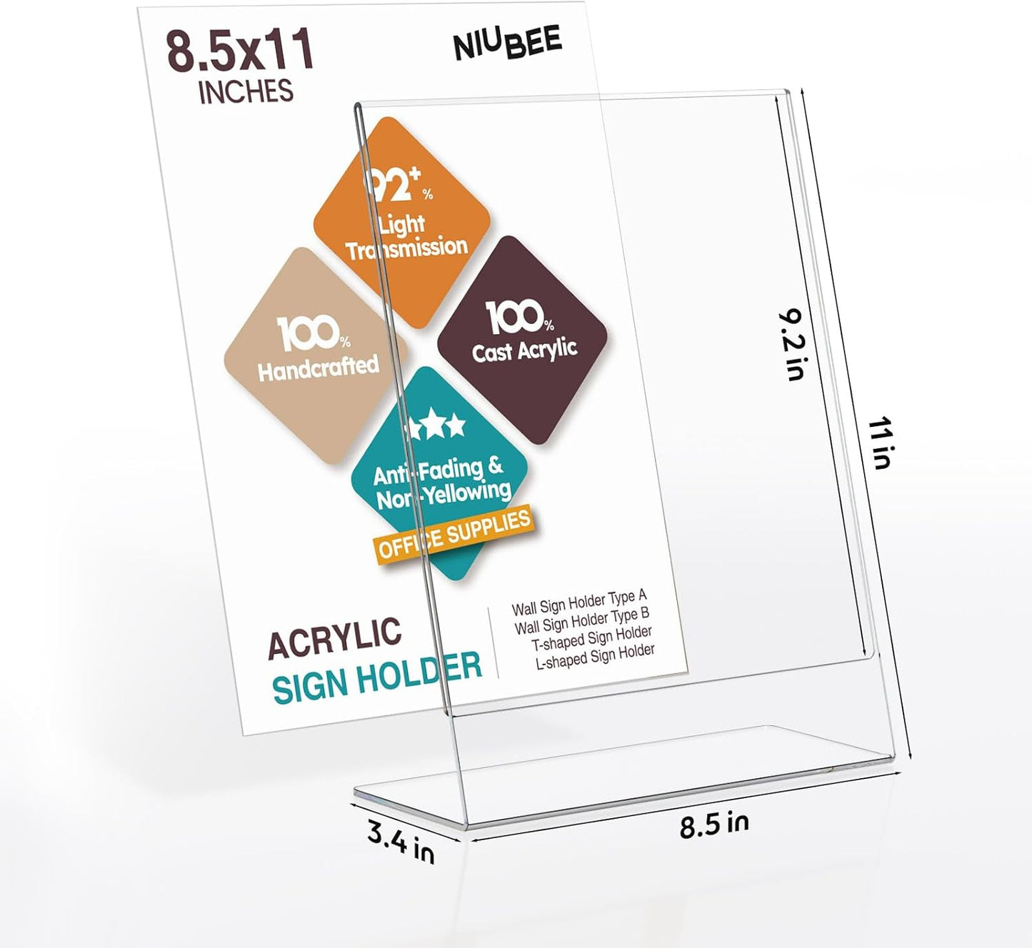 NIUBEE 6Pack 8.5x11 Acrylic Sign Holder with Vertical Slanted Back, Clear Plastic Sign Stand Frames, Flyer Document Paper Display Stand for Office Desktop