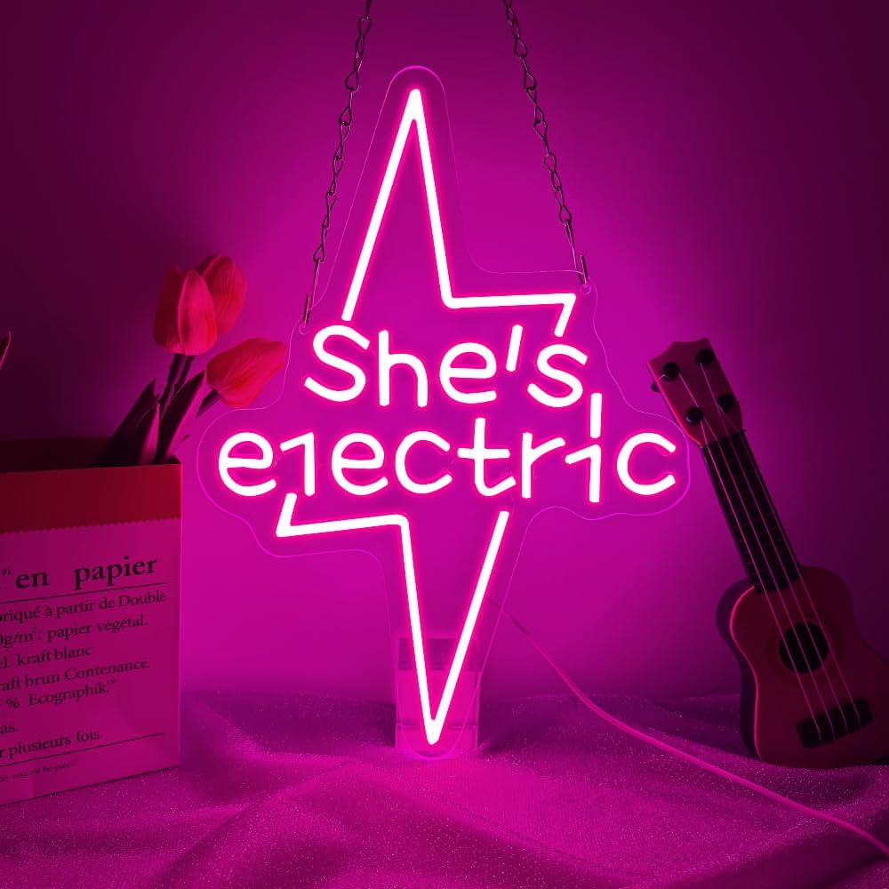 Lightning Bolt Light Up Signs for Wall Decor,Pink She's Electric Neon Sign for Birthday Live Music Concert Bedroom Club Party,Music LED Gift for Girls Teens Men Women USB Powered（15"*10.8"）