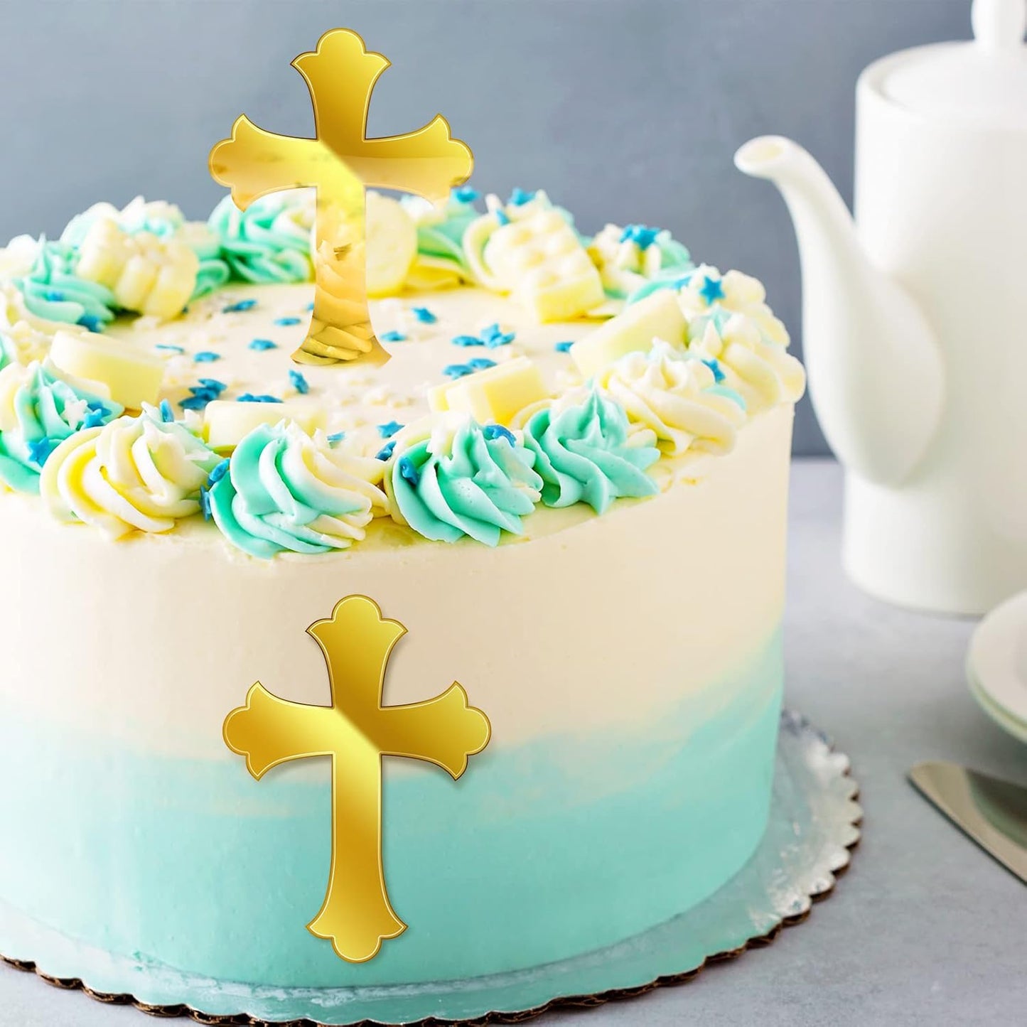 Blulu 16 Pieces Baptism Cake Toppers Crossing Cupcake Toppers Gold Mirror Acrylic Cake Picks Baptism Decor Christian Decorations(Vivid Style)