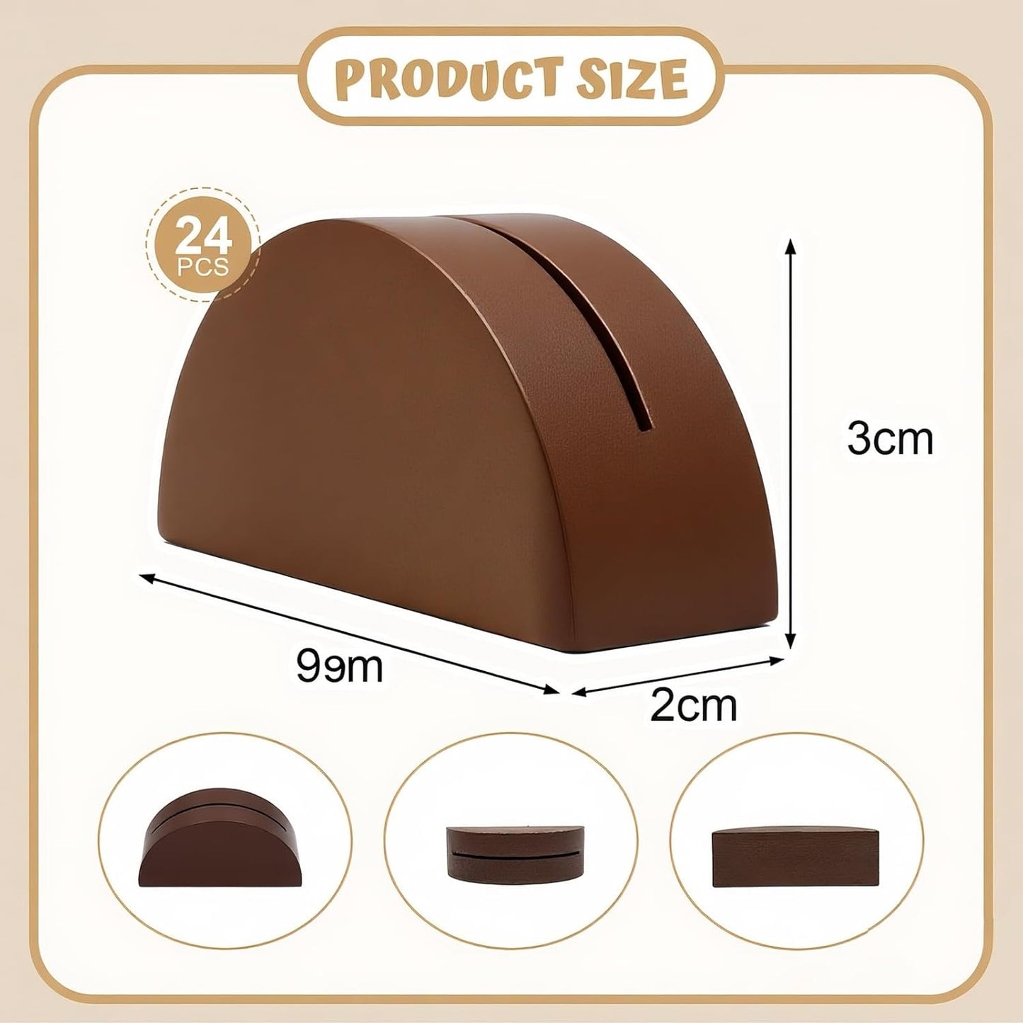 24 Pcs-6cm Table Number Stands, Wooden Semicircular Base - Wedding Place Card Holders, Restaurant Menu & Photo Holders for Tables Lightweight Indoor Design Office Tag Clips Banquet Birthday Party (brown)