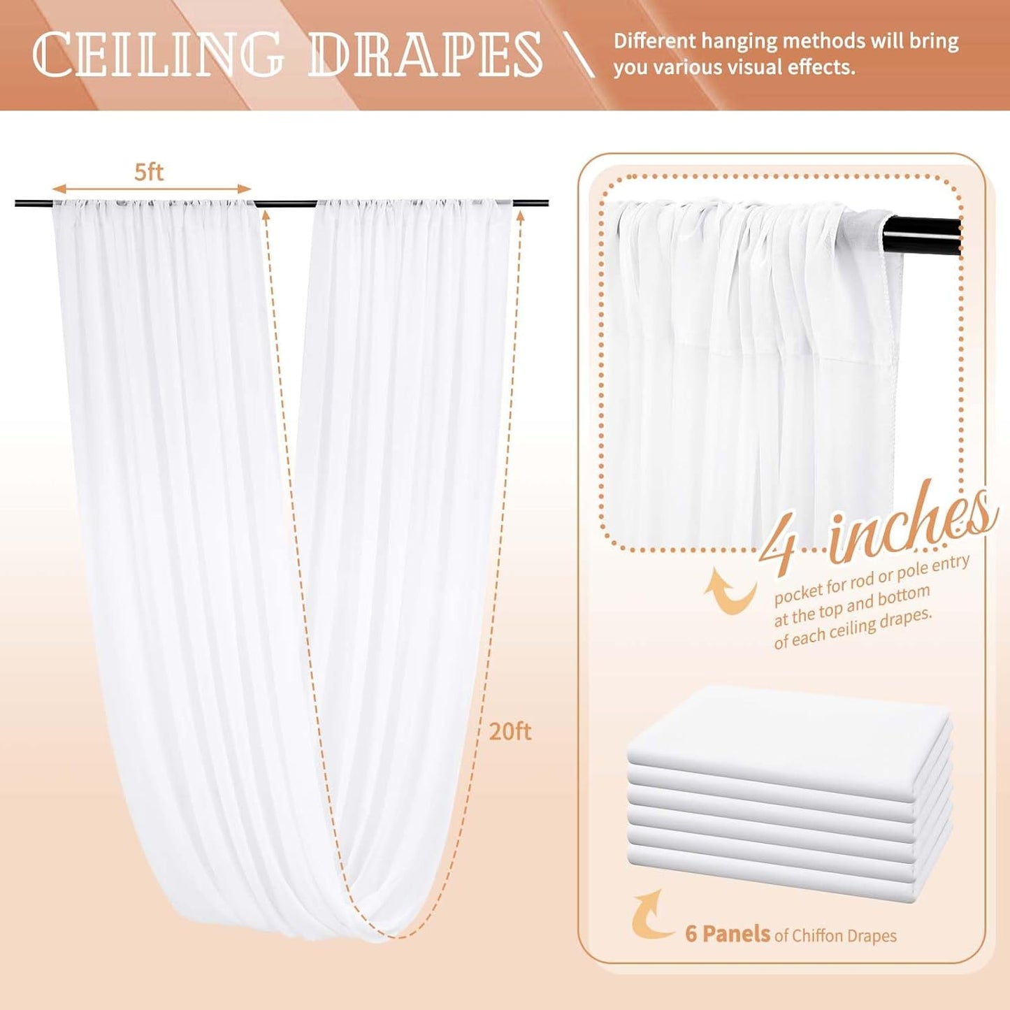 6 Panels White Ceiling Drapes for Wedding 5ftx20ft Sheer Drapery Chiffon Fabric Arch Draping Curtains for Party Ceremony Birthday Baby Shower Reception Stage Ceiling Decorations