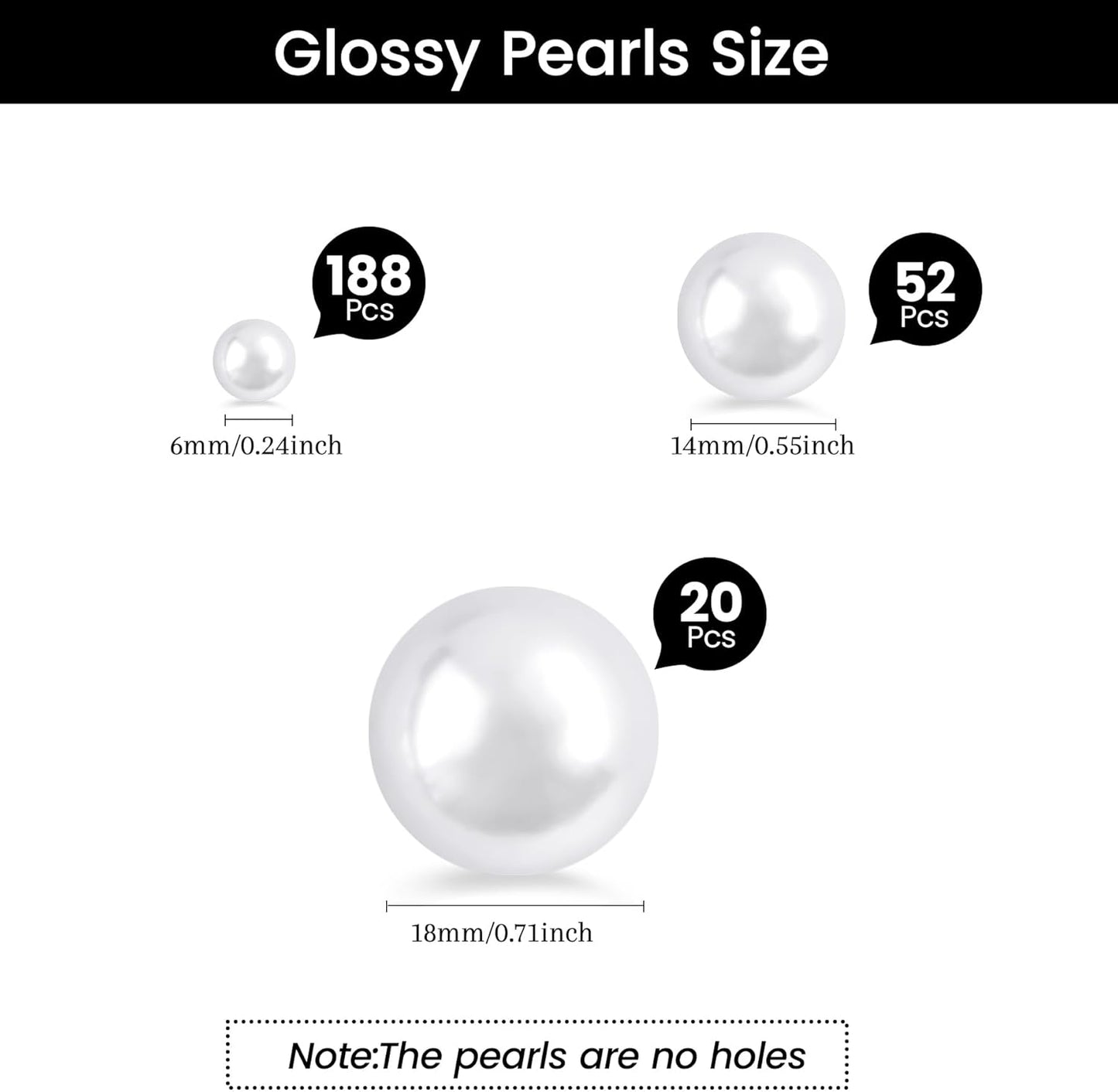 260Pcs White Glossy Beads - 6mm, 14mm, 18mm Round Plastic Pearl Beads for Centerpiece Decor, Wedding, Birthday, Christmas Party, Home Decor