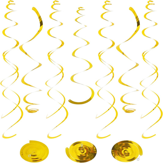 24 PCS Gold Foil Hanging Swirl, Sparkle Ceiling Hanging Decorations, Plastic Streamer Party Decorations, Swirl Decorations with Double-Swirls and Single-Swirls for Birthday, Baby Shower, Christmas