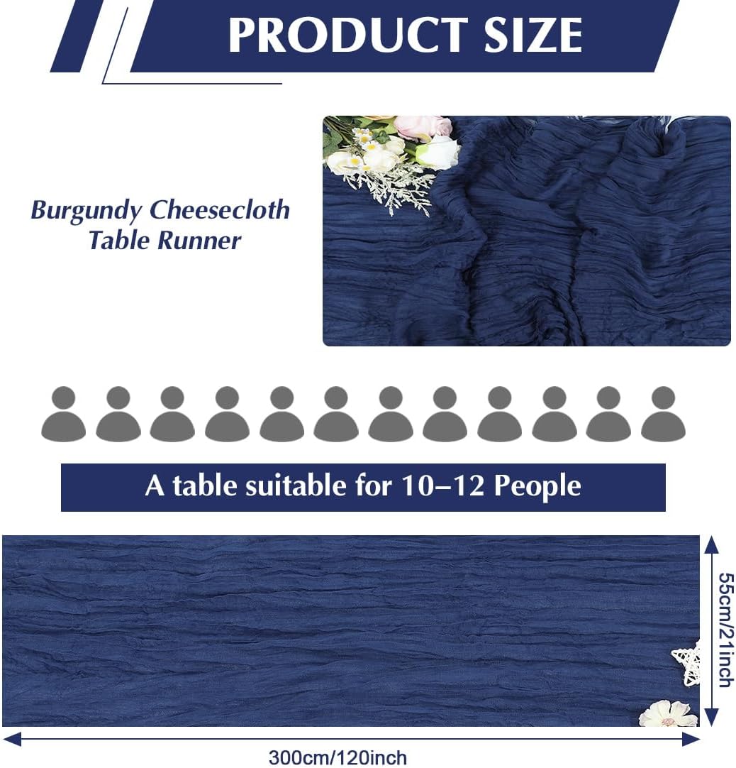 10 Pack Blue Cheesecloth Table Runner -21*120Inch Long Boho Wedding Table Decor, Rustic Gauze Fabric Runner for Bridal Showers, Baby Showers & Parties (Sheer, Lightweight, Wrinkled Design)