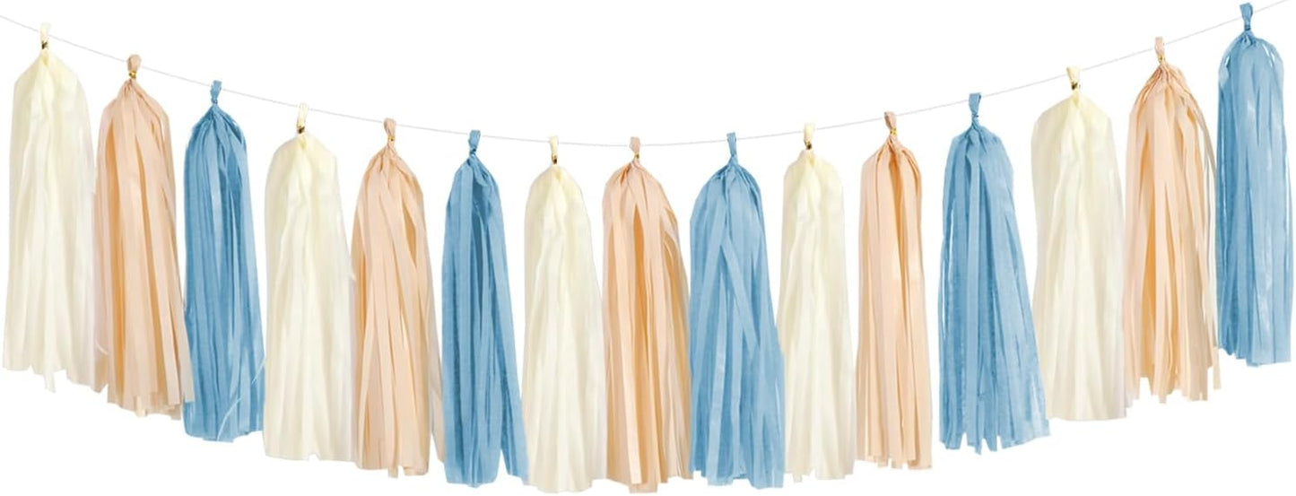Dusty-Blue Baby-Shower Party-Decorations Tassel-Garland - 15pcs Neutral Boho Birthday Wedding Bridal Tassels, Beige Champagne Banner Streamers, Engagement Bachelorette Decor Panduola