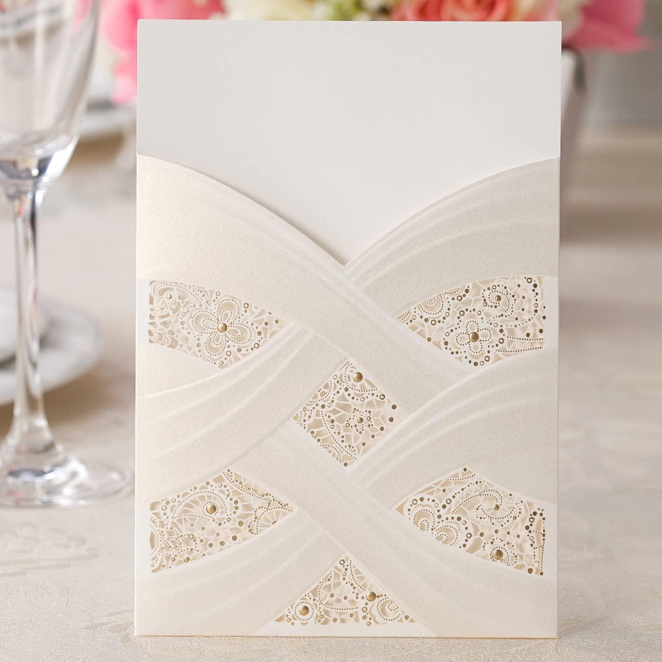 Hosmsua 50PCS Customized Ivory Wedding Invitations Kit 5.12x7.2 Inch Laser Cut Gold Foil Hollow Flora Lace Sleeve Pocket Wedding Quinceanera Invitation with Envelopes