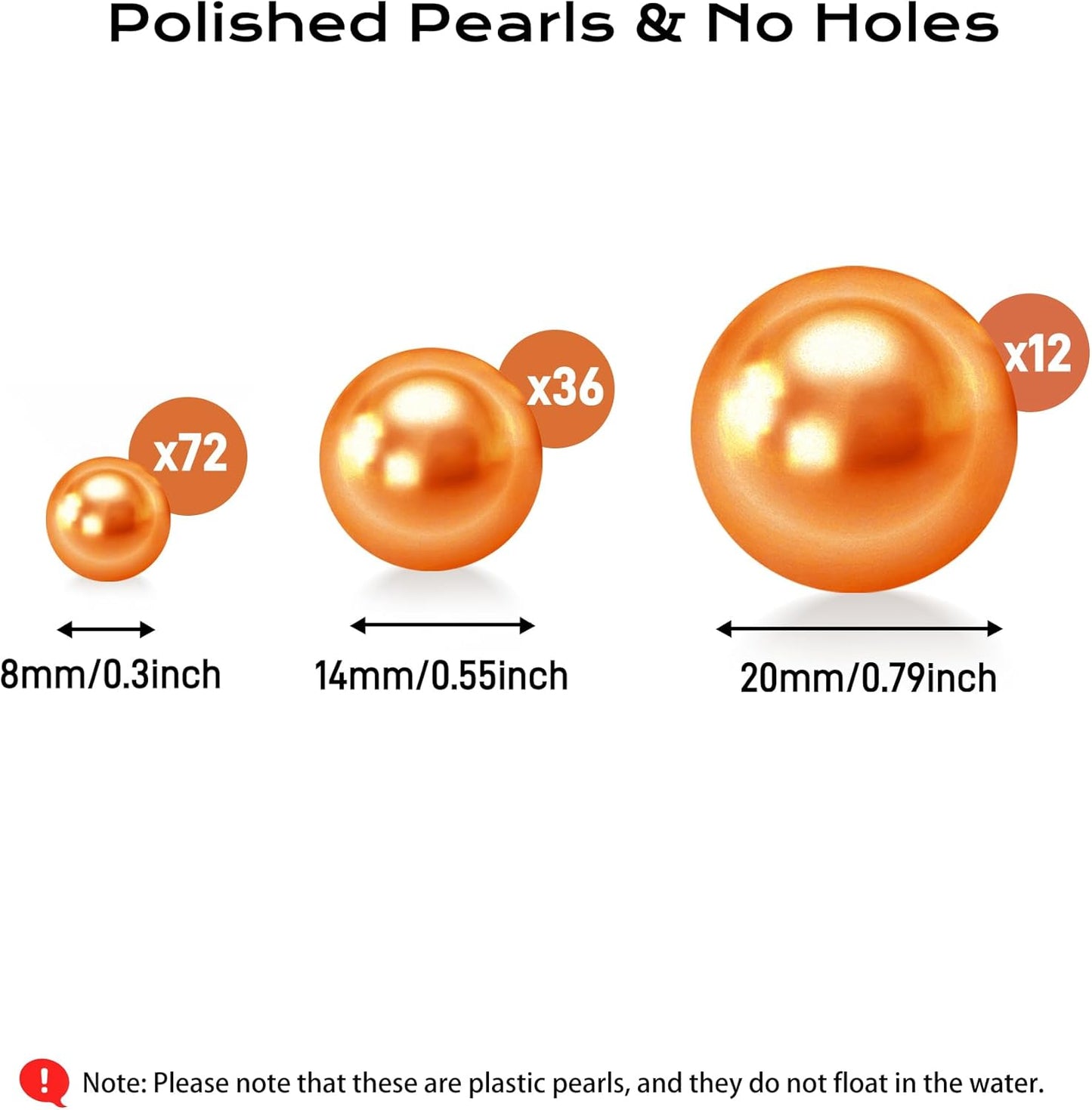 120 PCS 8/14/20mm No Hole Polish Pearl Beads for Centerpiece, Orange Beads Decorative Vase Fillers, Plastics Pearls for Vases, Table Scatters, Wedding Party Decor