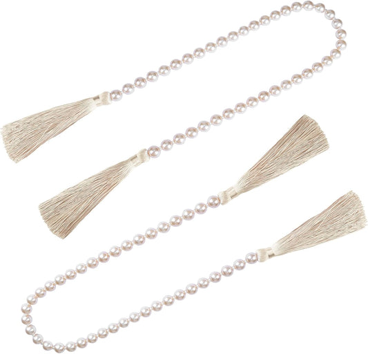 Fenghuangwu 34 Inch Glass Bead Garland with Tassels - Elegant Boho Table Decor, Fringe Wall Hanging for Wedding, Party, Farmhouse Rustic Prayer Bead Home Decoration(2 Pack,Off White)