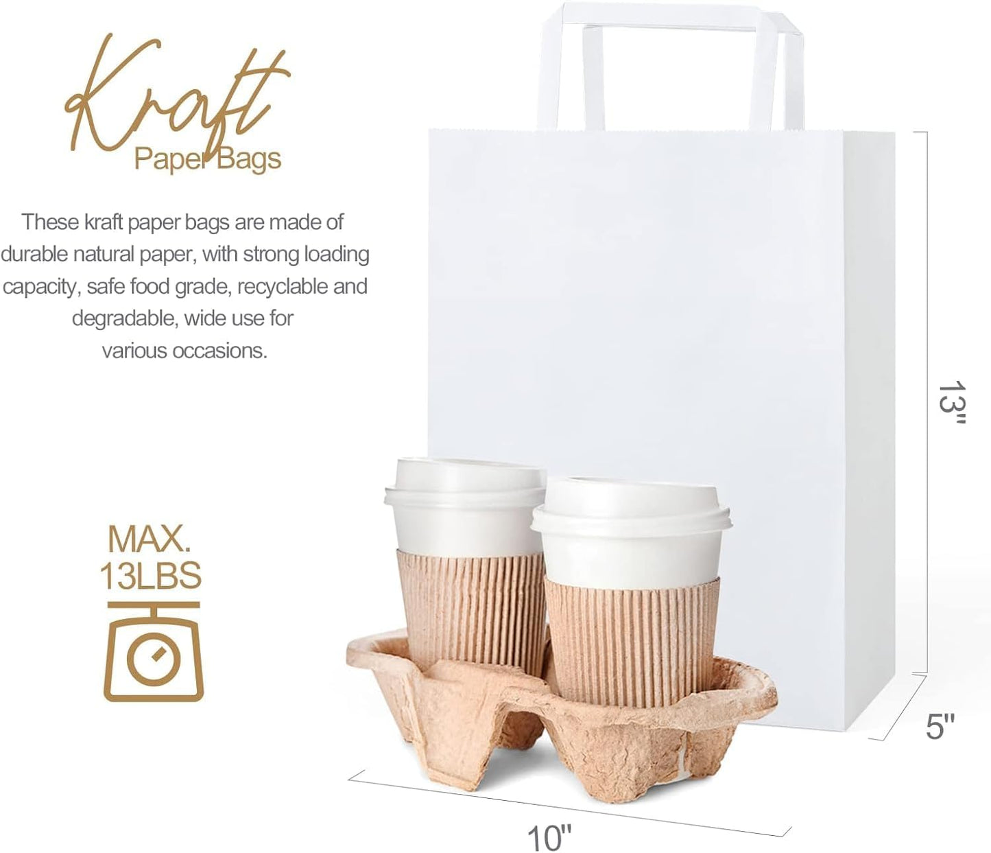 GSSUSA Paper Bags with Handles 10"X5"X13" Gift Bags Medium Size 200 Pack Kraft Paper Bag for Retail Grocery, Take Out Bag (White