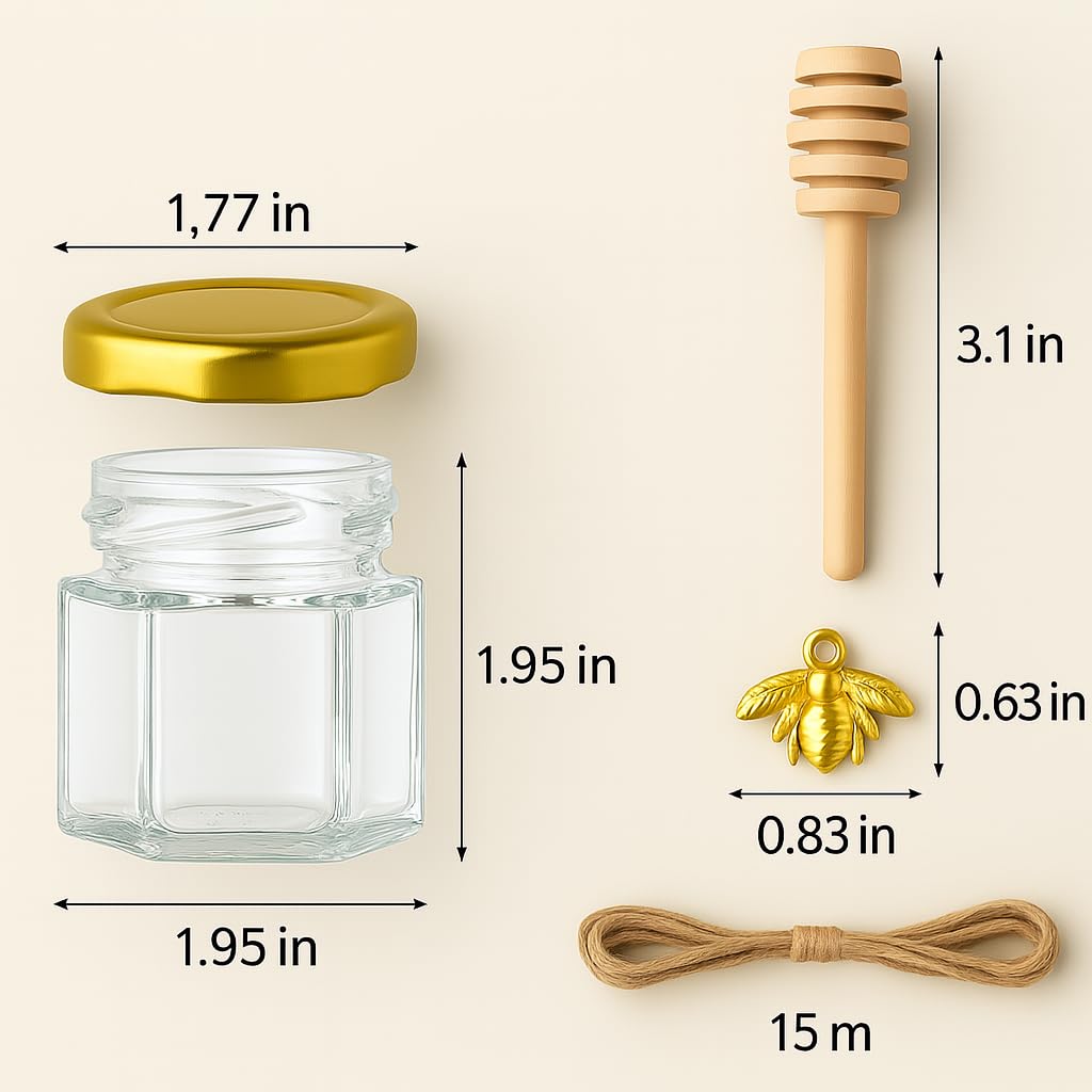 50 Pack 1.5 oz Hexagonal Honey Jars for Honey with Wooden Dipper bee Charms Thank You Cards Burlap Fabric Twine String for Baby Shower Wedding Party Favors Gifts