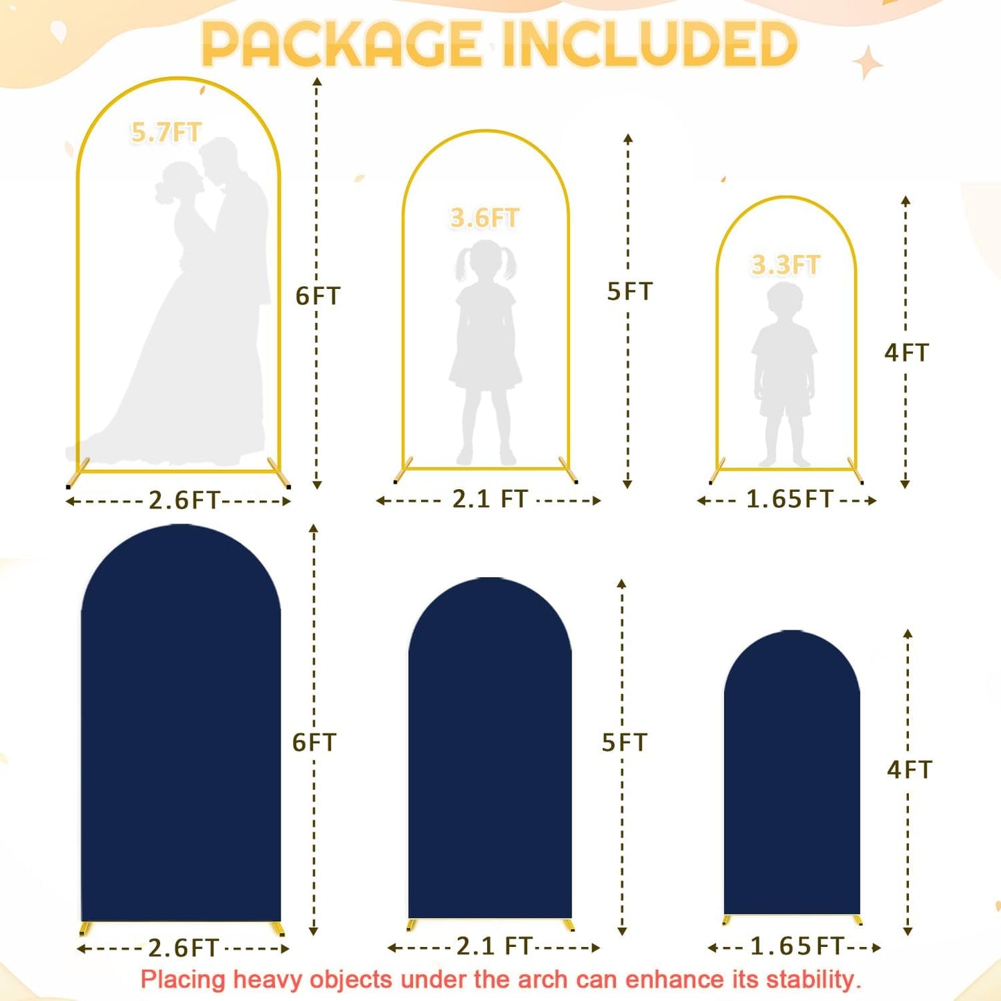 FUHSY Metal Arch Backdrop Stand and Cover Set of 3 Wedding Metal Arch Stand with Navy Blue Arch Backdrop Cover Spandex 6FT, 5FT, 4FT Stable Arch Frames for Bridal Baby Shower Birthday Party Decor