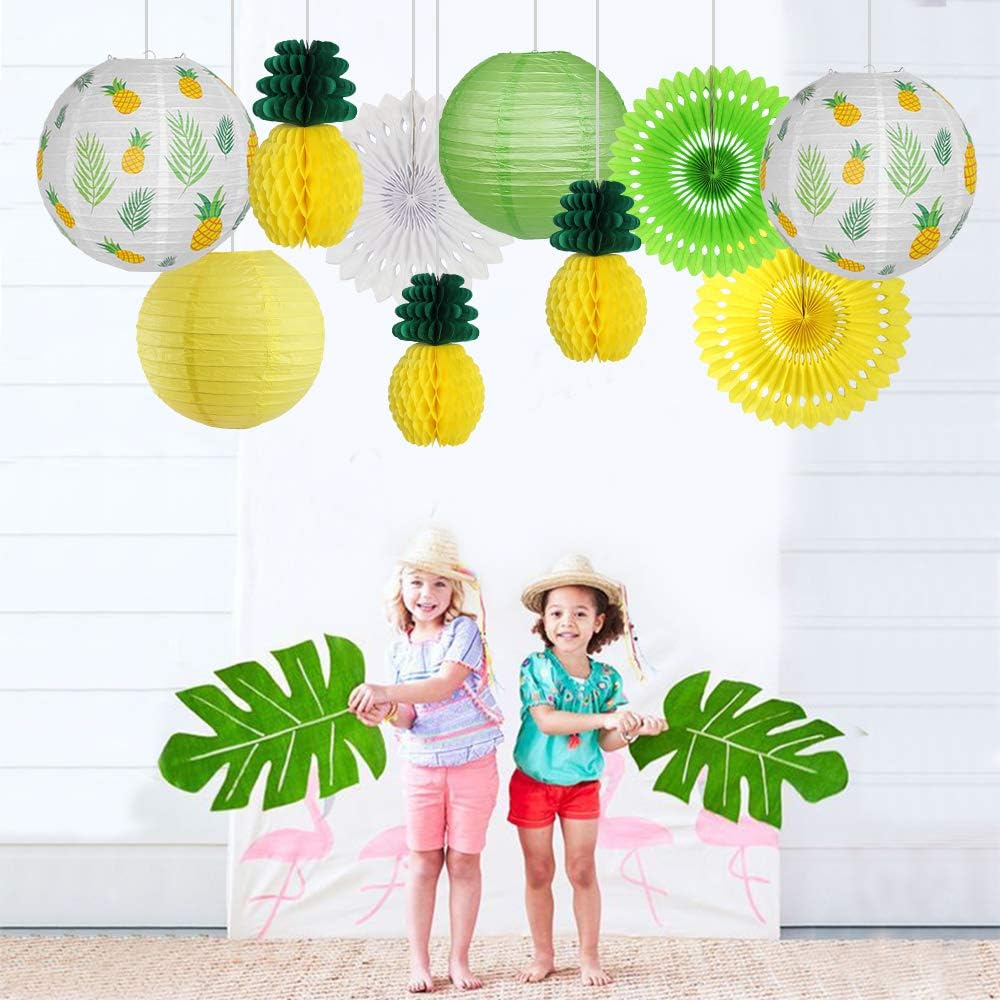 Pineapple Party Decorations Hanging Paper Lanterns Pineapple Honeycomb Tissue Paper Fans for Hawaiian Tropical Birthday Luau Party Decorations Summer Decor (Yellow)