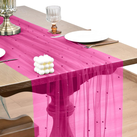 Joanlody Fall Fuschia Pearl Table Runner 10ft Rustic Boho Tulle Table Runner with Pearls for Baby Shower Wedding Party Veil Dessert Thanksgiving Table Decor Hot Pink