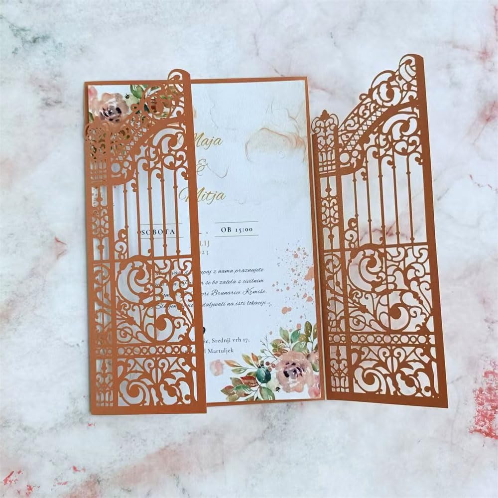 MillaSaw Bronze Fence Laser Cut Invitation Cards Pocket With Envelope For Wedding Engagement Birthday Cocktail Party 25 Sets (bronzed, 5.1"x7.1")