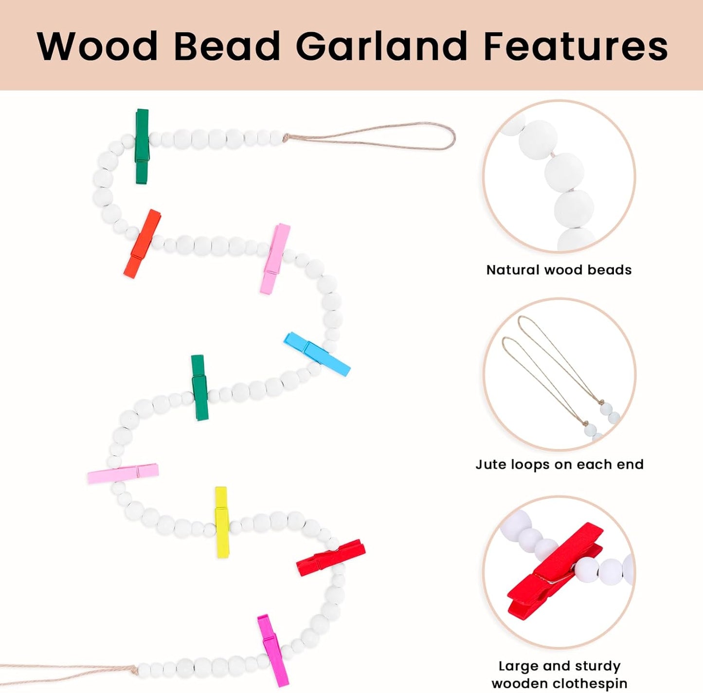 Hanging Photo Display Wall Decor, 2PCS Boho Wooden Bead Garland Collage Picture Frame with 9 Different Random Colors Wood Clips for Boho Bedroom, Living Room, Office, Dorm Decor